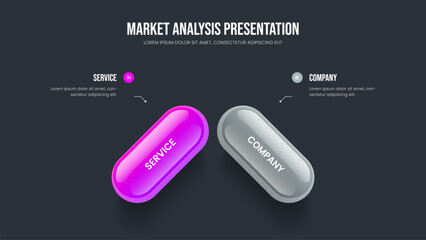 Advertising Launch 2 Element Diagram Slide Layout. Financial Analysis Frame Template Vector Illustration. Creative Insight Two Option Infographic Presentation Design.