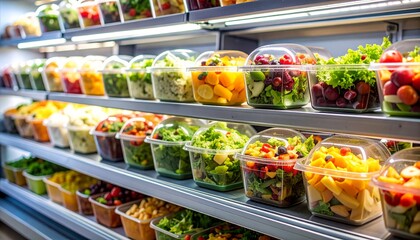 Pre-packaged fruit and vegetable salads, displayed in a commercial refrigerator within plastic boxes, are put up for sale.