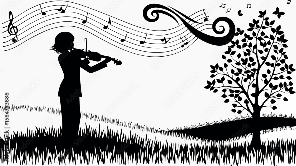 Poster silhouette of violinist playing in a field with a tree and musical notes flowing above creating a sc
