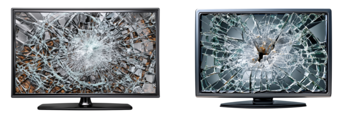 Set of a broken TV screen glass, isolated on a transparent background.