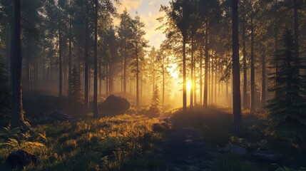 Obraz premium Sunrise in a pine forest, with the first light shining through the trees