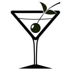 Black and white  Martini vermouth goblet with olive vector icon on white background.