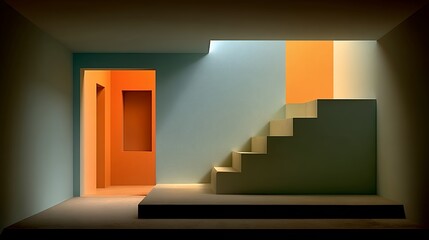 Obraz premium Minimalist Interior: Geometric Staircase with Contrasting Colors and Dramatic Lighting.