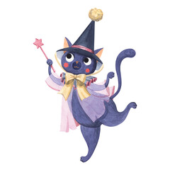 Magic cat in a magic hat and with a magic wand
