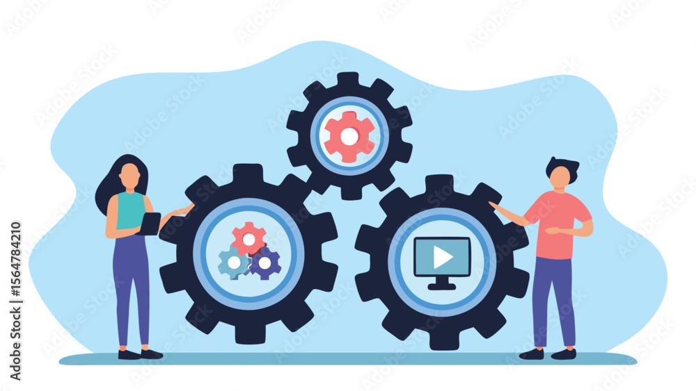 Poster people interacting with gears and a computer screen in a collaborative setting illustration
