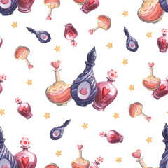 Watercolor seamless pattern with magic potions