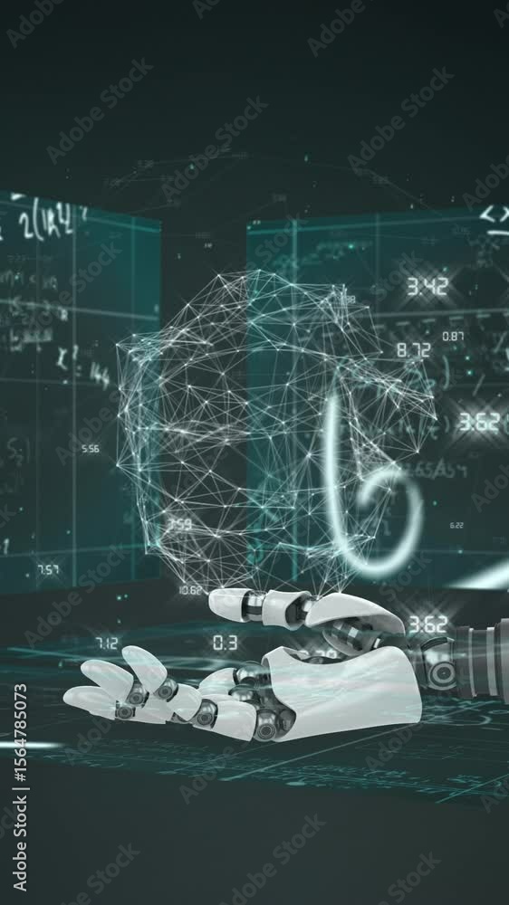 Poster animation of robotic arm with shape over mathematical equations
