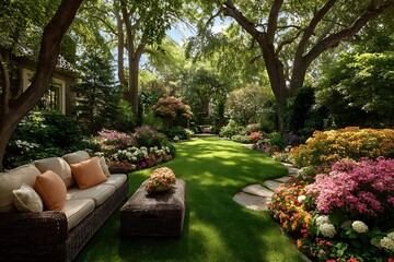 Lush Backyard Blooming with Colorful Flowers