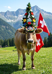 Traditional Swiss Cow with Flag. August 1, Swiss National Day