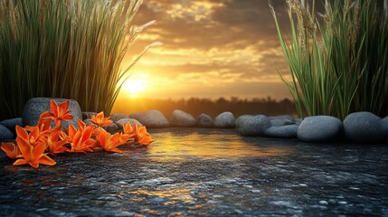 Tranquil Sunset Natural Landscape PPT Background - Water Reflection, Orange Lilies & River Stones with Blank Space for Text