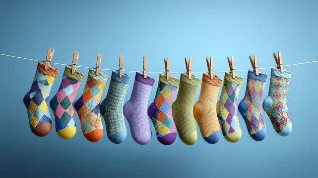 A row of meticulously crafted argyle socks in lively colors sways gently hung from a simple string with the dynamic patterns contrasted beautifully by a smooth pastel blue background