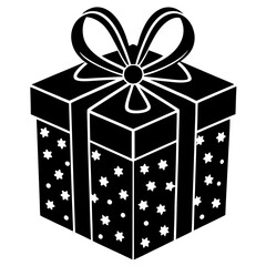 Black and white vector illustration of a Christmas gift box with White Background