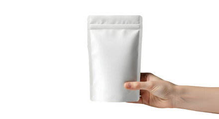 Hand Holding Blank White Flexible Plastic Stand Up Pouch Isolated on Transparent Background Studio Shot