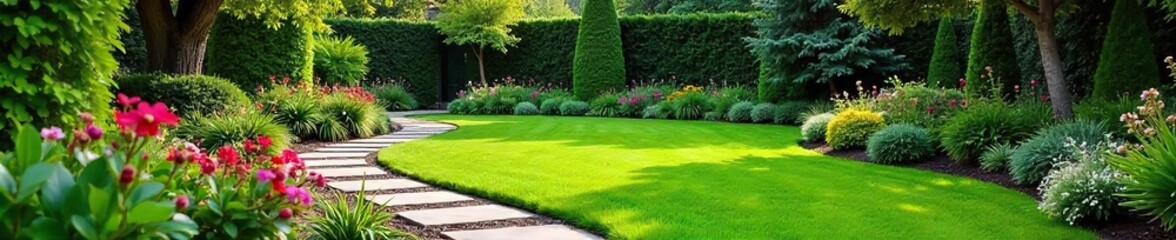 Serene Backyard Oasis Lush Greenery, Manicured Lawns, and Stone Pathway Winding Through Vibrant Flowerbeds ? Perfect for Relaxation and Outdoor Enjoyment