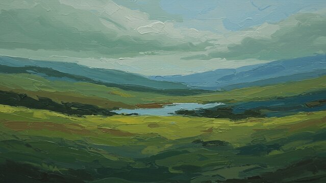 Abstract landscape with strokes like oil painting, natural green, blue and brown color gradations