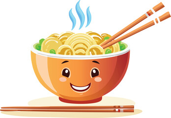 Smiling Cup of Ramen with Steamy Noodles and Chopsticks