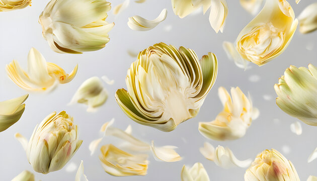 Delicious floating artichoke hearts isolated on white background