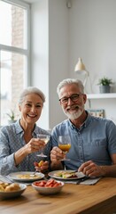 An older gay couple celebrates an anniversary dinner, in an urban apartment,