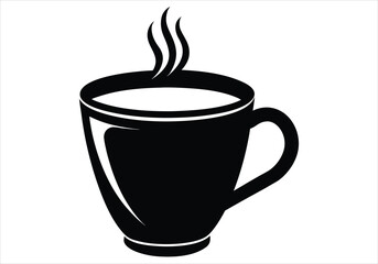 Vector art of a simple black silhouette of a steaming cup of coffee or tea, isolated on white background