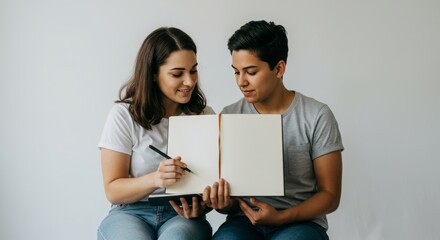 Lesbian couple journaling together, in apartment