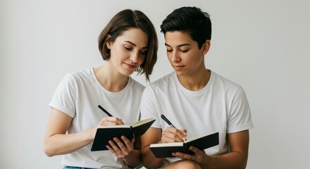 Lesbian couple journaling together, in apartment
