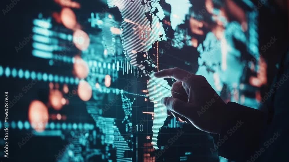 Aufkleber man interacting with a world map interface, analyzing global business trends and statistics