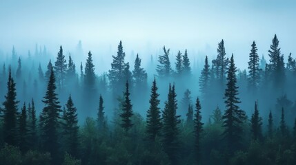 Taiga view with coniferous trees like firs and pines, creating a silhouette landscape