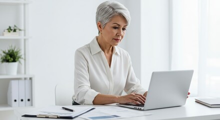 a senior woman reviewing documents in front of a laptop, a modern workspace,