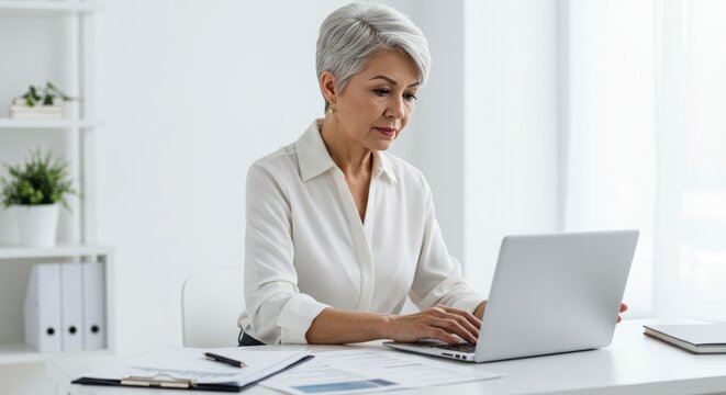 a senior woman reviewing documents in front of a laptop, a modern workspace, - Powered by Adobe