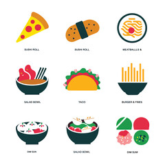 vector icons cooking food chef hat include a pizza slice, a sushi roll, spaghetti and meatballs, a curry bowl burger , fish 
