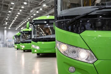 New green buses parked in a row inside factory building, headlights of new green passenger buses.