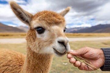 Obraz premium A light brown vicuña eating grass from a person's hand, in a mountainous landscape, cloudy sky above.