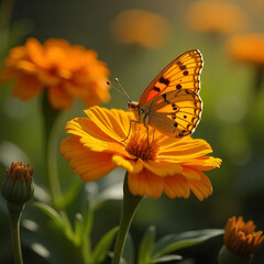 Gulf Fritillary Butterfly In Garden On A Marigold Blossom with dried Autumn leaves all around