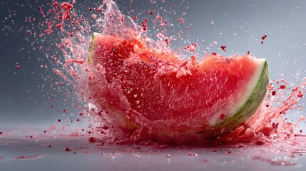 High-speed capture of watermelon exploding on impact, symbolizing freshness, intensity, and dynamic summer energy in cinematic food photography