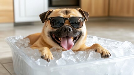 Cute pug dog relaxing in a container full of ice cubes while wearing black sunglasses, staying cool indoors on a hot day.