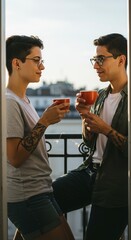 Non-binary couple sipping tea on the balcony, on the roof terrace, warm afternoon, candid moment