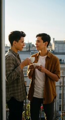 Non-binary couple sipping tea on the balcony, on the roof terrace, warm afternoon, candid moment