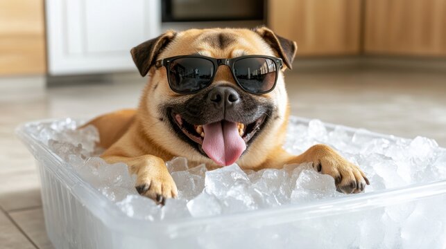 Cute pug dog relaxing in a container full of ice cubes while wearing black sunglasses, staying cool indoors on a hot day.