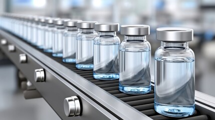 Glass vials with clear liquid move on conveyor belt, suggesting pharmaceutical manufacturing process.
