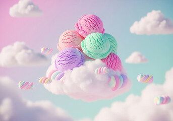 Dreamy Dessert Clouds: Pastel Ice Cream Scoops Floating on Marshmallow Clouds in a Whimsical Sky &ndash; A Sweet Fantasy for Mockups & Imaginative Concepts