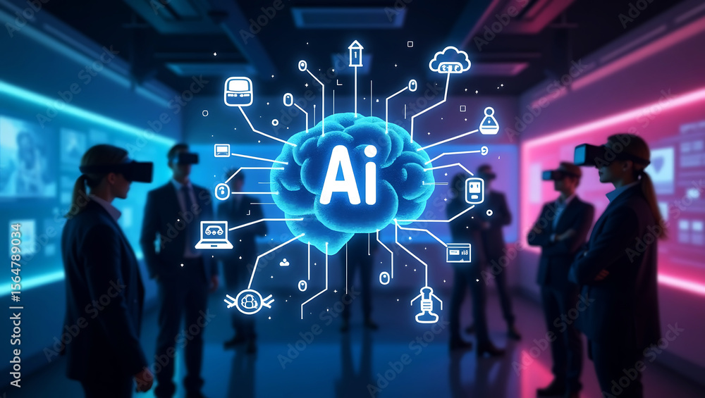 Poster people wearing vr headsets interact with a glowing blue ai brain network displaying digital icons in