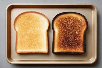 Two slices of toasted bread, one perfectly golden, the other burnt, on a baking sheet, demonstrating contrasting toasting levels.
