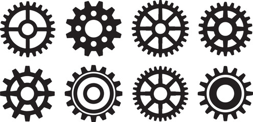 Eight Black Cogwheel Gear Silhouettes Varied Designs Traced Vector Illustration Set gears