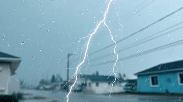 Lightning strikes through rainy sky, raindrops on glass obscure blurred houses, dramatic weather event in a neighborhood.