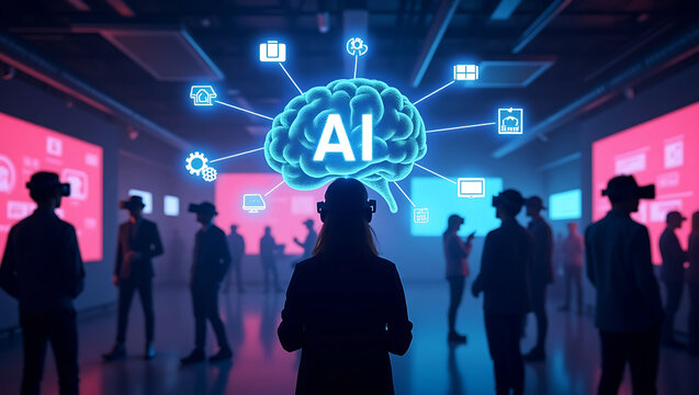 People wearing vr headsets interacting with a glowing ai brain hologram displaying various digital icons and data points in a modern exhibition hall