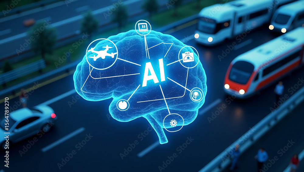 Aufkleber artificial intelligence brain network concept with icons for drone data and technology on a futurist