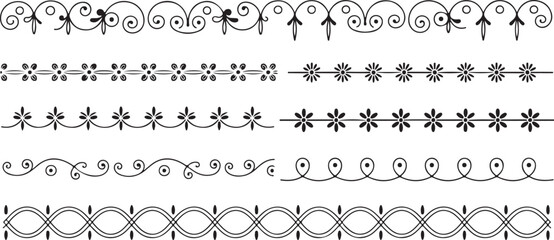 Six Black Silhouette Traced Decorative Borders Featuring Floral and Swirl Designs on White Background Repeating Patterns for Design Elements