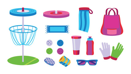 Obraz premium Illustration showing disc golf basket, discs, bag, towel, water bottle and other accessories