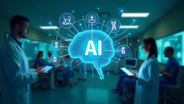 Medical professionals collaborate on ai driven healthcare solutions with a digital brain interface in a modern clinic setting