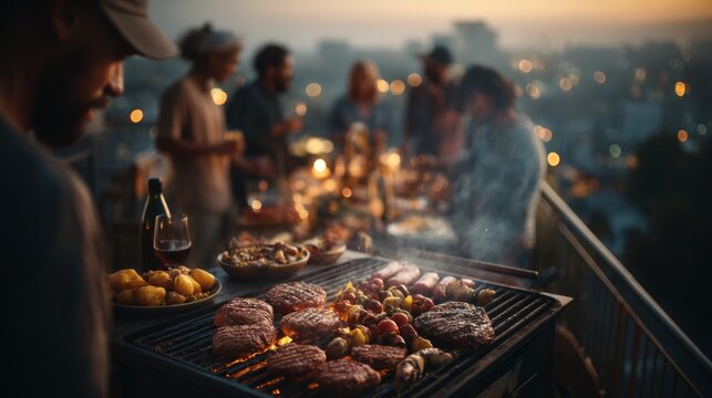 Friends Enjoying a Rooftop BBQ with Beautiful Cityscape at Dusk - Powered by Adobe